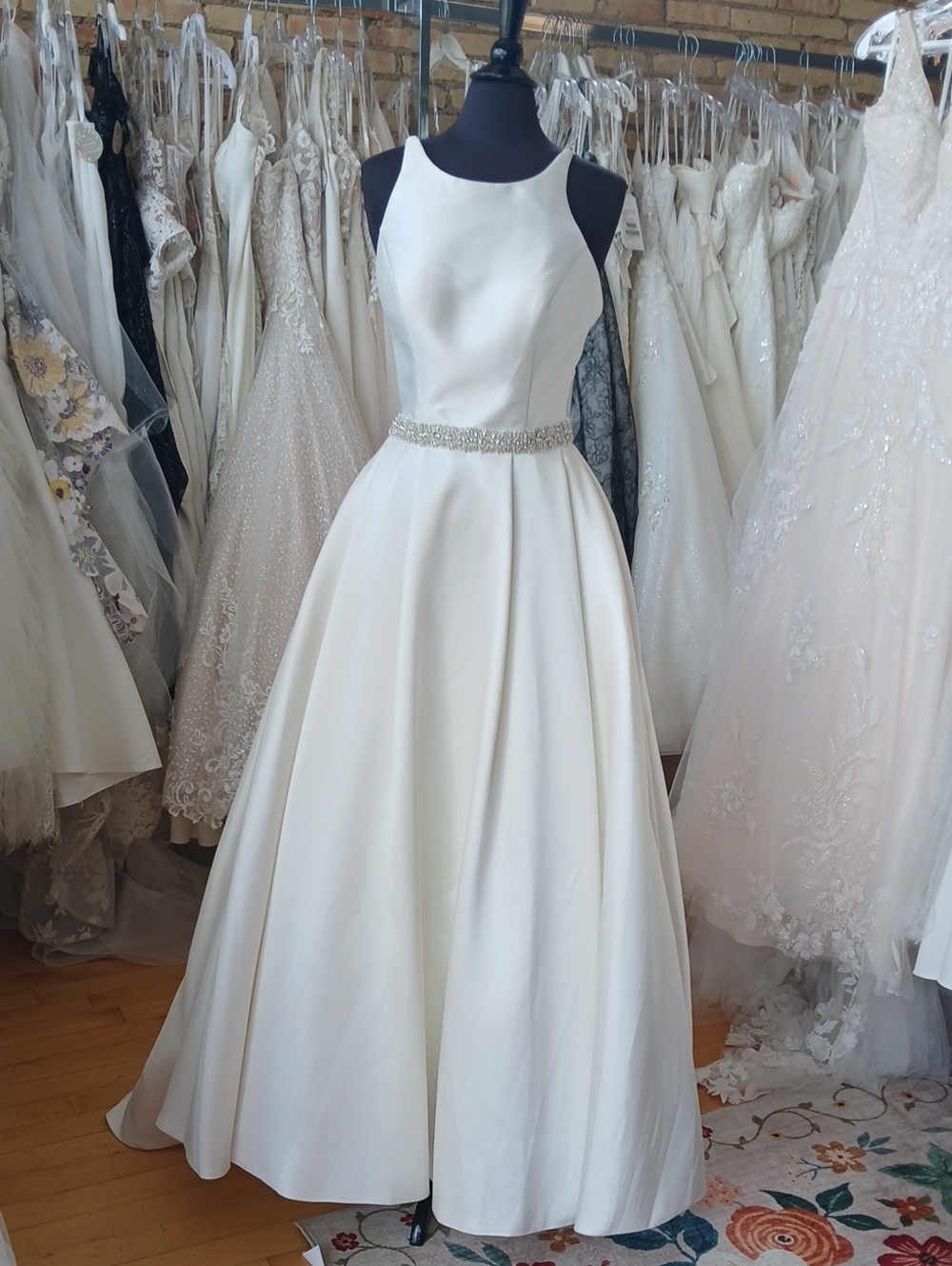 Elegant Ivory Satin Ball Gown Dress with Beaded Waist